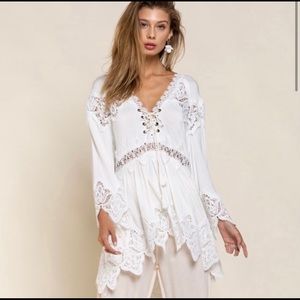 New! POL Ivory BoHo Front Tie Tunic Top